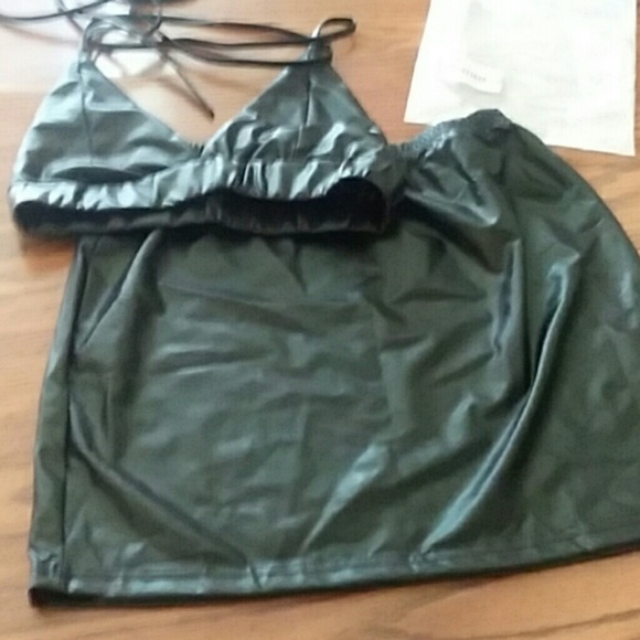 PU Strappy Solid Color Sexy Two-Piece Set - Picture 6 of 7